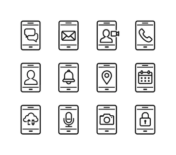 Smartphone communication tools: smartphone with chat bubbles, smartphone with envelope mail, smartphone with video call screen, smartphone with phone handset, smartphone with