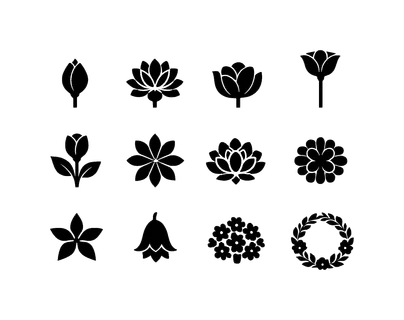 Botanical floral silhouettes: flower bud, blooming flower, half open blossom, flower with long stem, flower with leaves, symmetrical petal flower, layered petal blossom, circular