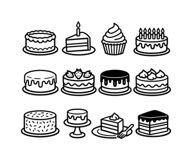 Birthday party desserts: frosted birthday cake, slice of cake with candle, cupcake with swirl frosting, cake with candles row, cake with dripping glaze, cake with strawberries