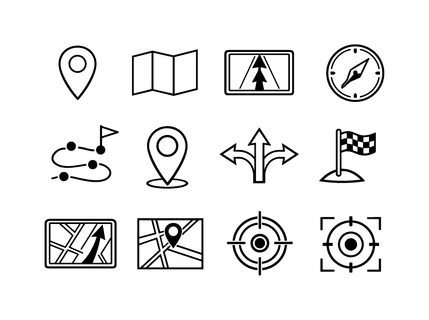 Location and navigation: location pin, map fold, gps navigation, compass, route path, destination flag, map marker, direction arrows, waypoint dots, navigation screen,