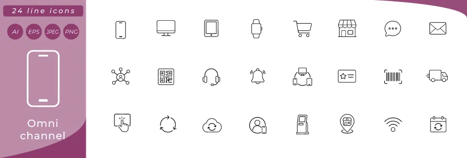Omni channel: smartphone, desktop monitor, tablet, smartwatch, shopping cart, storefront, chat bubble, email envelope, social media network nodes, QR code square, headset, push notification bell