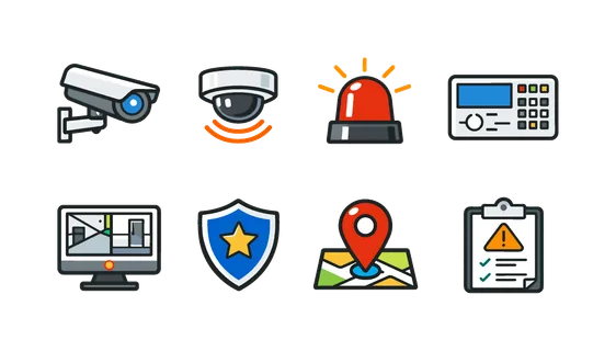 Security monitoring system: CCTV camera, motion sensor, alarm siren, control panel, surveillance screen, guard shield, location tracking pin, incident report.
