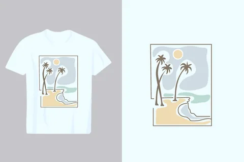 A stylized depiction of a serene tropical coastline featuring palm trees, sandy beach, and a gentle sun in a pastel color palette