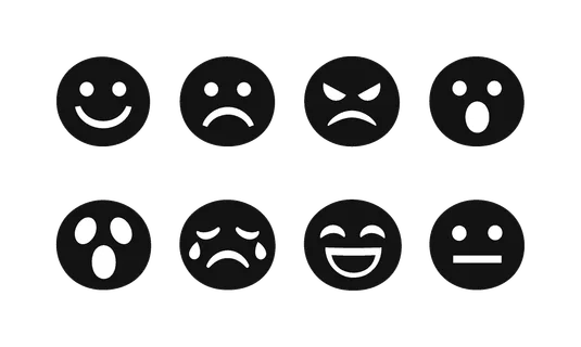 Basic emotions: happy face, sad face, angry face, surprised face, scared face, crying face, laughing face, neutral face.