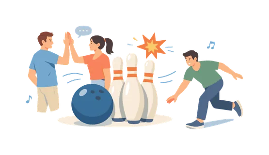 A recreational sports illustration theme representing bowling as a fun social game enjoyed in leisure venues and community gatherings, represented with doodle style bowling pins, a
