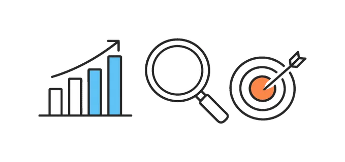 Strategic business decision making and performance evaluation in a modern corporate workflow, a simple dashboard style bar chart placed beside a magnifying glass and a small target