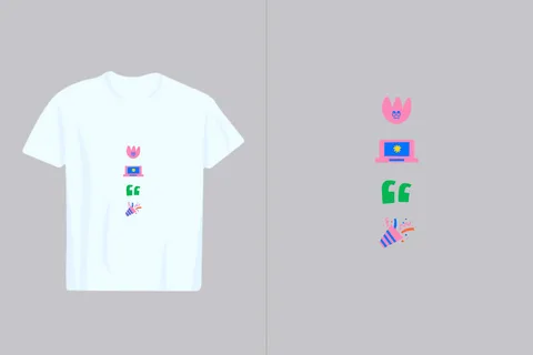 A white t-shirt displays a vertical arrangement of playful, colorful cartoon icons, with the same icons shown separately on a gray backdrop
