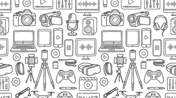 Digital media production and entertainment technology concept focused on content creation, recording, and multimedia devices used in modern creative industries. Objects of camera,