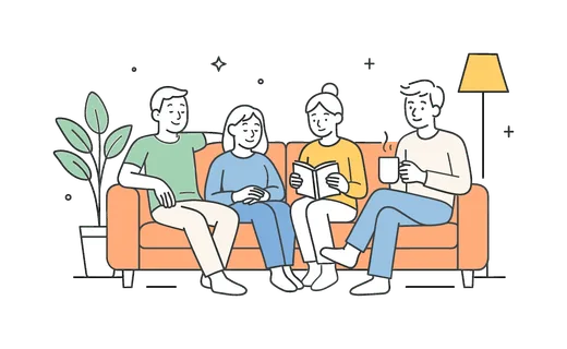 Comfort and relaxation in a home environment where individuals unwind and recharge after daily activities, represented by a clear visual metaphor of a cozy sofa combined