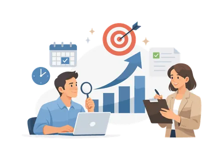 Workflow optimization and goal achievement theme where productivity icons represent focus, prioritization, and consistent progress in modern work settings, represented by