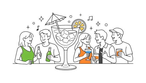 A modern hospitality and nightlife scene where people enjoy drinks while socializing in a relaxed environment, illustrated through a visual metaphor of a cocktail glass, small