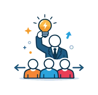 Strategic leadership and team management focused on vision and decision making in an organization, a human figure holding a lightbulb above a small group representing