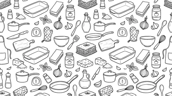 Lasagna cooking theme with homemade Italian comfort food feel, doodle objects including lasagna slice, baking dish, pasta sheets, tomato sauce, cheese blocks, grated cheese, basil