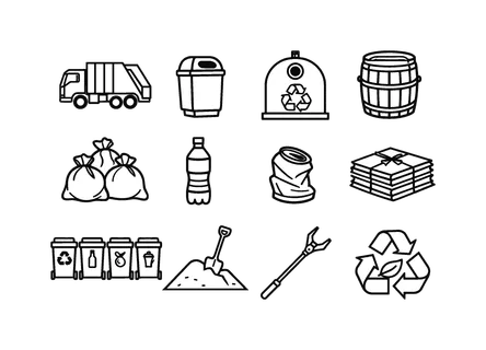 Urban waste collection: garbage truck, street trash bin, recycling container, compost bin barrel, trash bag pile, plastic bottle, crushed aluminum can, paper stack bundle, waste