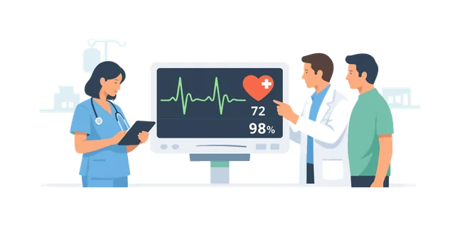 Healthcare monitoring scenario where medical professionals track patient vital signs using advanced digital equipment in a clinical environment, symbolized by a medical