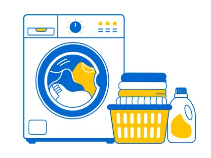 A stylized illustration depicts a front-loading washing machine, a yellow laundry basket filled with folded clothes, and a bottle of detergent