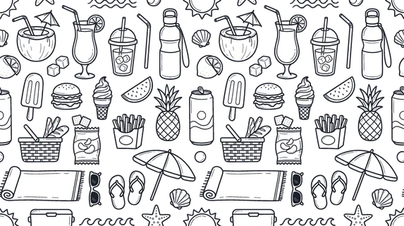 Summer beach snacks and refreshing drinks concept focused on relaxing seaside moments, casual vacation food, and sunny leisure lifestyle. Objects of coconut drink, cocktail glass,