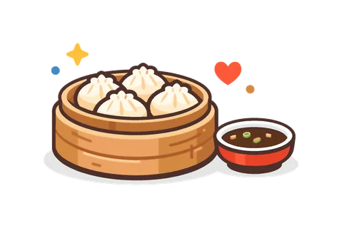 Asian street food and casual dining concept celebrating the popularity of dumplings as a convenient and satisfying dish, a bamboo steamer basket with several dumplings beside a