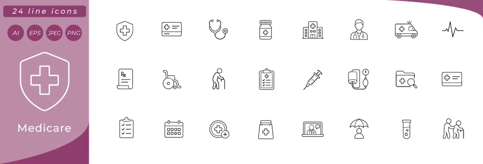 Medicare: medical cross shield, health insurance card, stethoscope, pill bottle, hospital building, doctor silhouette, ambulance side view, heartbeat line, prescription notepad, wheelchair symbol