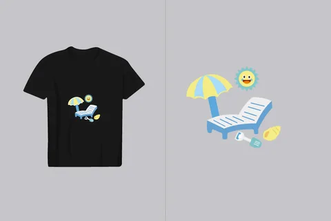 A playful graphic featuring a sun, beach umbrella, lounge chair, shovel, and seashell, perfect for summer apparel designs