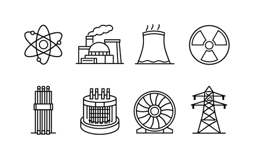 Nuclear energy: atom symbol, nuclear power plant, cooling tower, radiation sign, fuel rod, reactor core, turbine, energy grid tower.