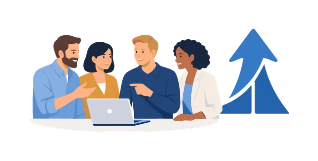 A team building clear alignment during a collaborative planning discussion, gathered near a laptop while interacting with a simple unified direction arrow symbol beside
