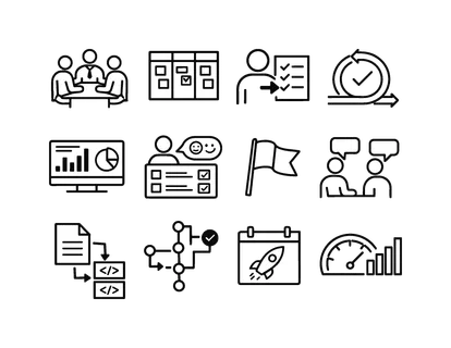 Product management and collaboration: team meeting, kanban board, task assignment, sprint cycle, analytics dashboard, user feedback form, priority flag, stakeholder