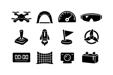 Futuristic drone racing: quadcopter, racing gate, speedometer, pilot goggles, control joystick, energy booster, holographic flag, turbo propeller, lap timer, safety net, drone