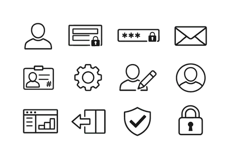 User account management: user profile, login form, password field, email address, username id, profile settings, edit profile pencil, profile picture, account dashboard,