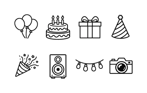 Party organization items: balloons, birthday cake, gift box, party hat, confetti popper, speaker, string lights, photo camera.