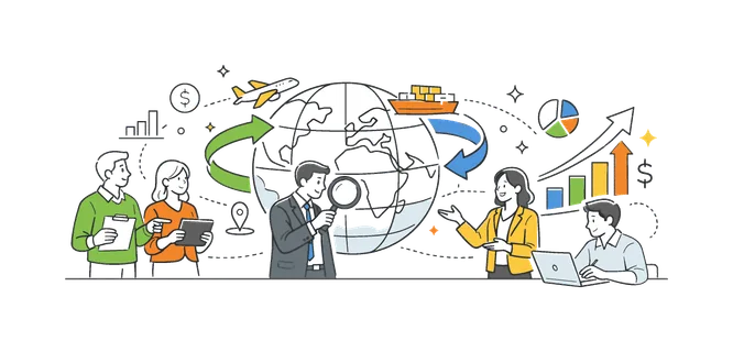 A worldwide economic development concept where professionals review international trade connections and financial flows across continents, expressed through a clear visual metaphor
