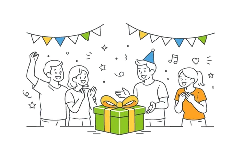 Festivity celebration in a community setting where people gather to enjoy a shared joyful event, represented by decorative banners and a simple gift box as the main
