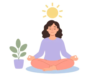 A serene woman sits in a lotus position, eyes closed, with a gentle smile, symbolizing mindfulness and tranquility in a bright, sunlit environment