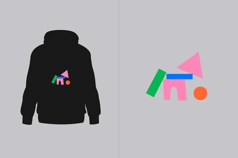 A black hooded sweatshirt featuring a colorful abstract geometric logo on the chest, displayed alongside the logo elements