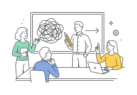 A clear process simplification scenario where a team reduces complexity and removes redundant steps during a planning session to improve efficiency, centered around a