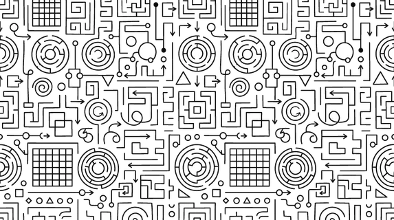 Minimal abstract maze and puzzle pattern theme with structured design feel, doodle objects including maze paths, labyrinth lines, square grids, circular maze, arrows, entry points,