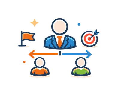 Leadership concept focused on guiding teams and making strategic decisions in a professional environment, a central user icon connected to two smaller user icons