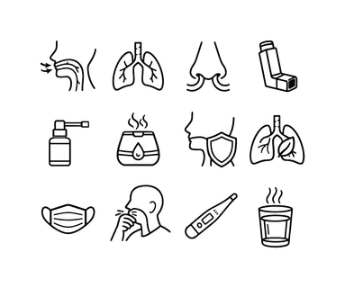 Throat respiratory health: throat with airflow arrows, lungs organ, nose with breathing lines, inhaler device, medicine throat spray, humidifier vapor device, throat with shield