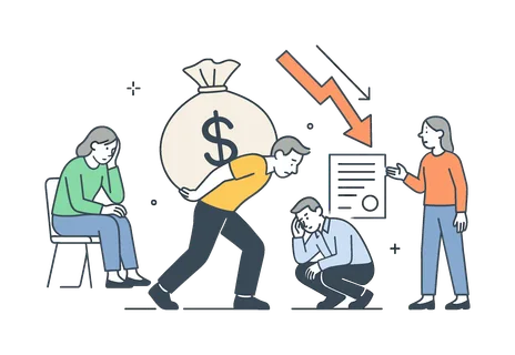 Financial stress and debt management in a personal or business context where individuals struggle to handle repayments and obligations, represented by a clear visual