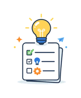 Creative workflow and innovation development centered on transforming ideas into actionable concepts, a light bulb positioned above a simple checklist forming a clear visual