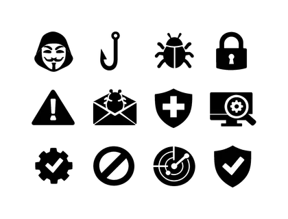 Cyber threats and defense: hacker mask, phishing hook, malware bug, ransomware lock, data breach alert, suspicious email, shield defense, system scan, security patch,