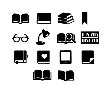 Books and reading set: open book, closed hardcover book, stacked books pile, bookmark ribbon, reading glasses, table reading lamp, book with magnifying glass, library bookshelf