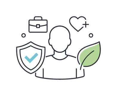 Work-life balance and employee support programs in corporate environments, a human figure combined with a simple shield and leaf element symbolizing protection and