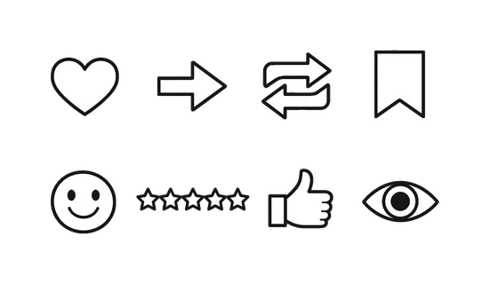 Social media engagement: heart like, share arrow, repost arrows, bookmark flag, emoji smile, star rating, thumbs up, eye view symbol.
