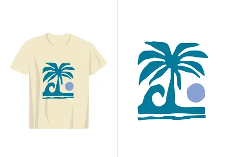 A cream t-shirt displays a stylized blue graphic of a palm tree with a wave and a circle representing the sun
