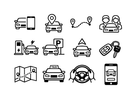 Car sharing and ride service: car with smartphone, car with location pin, car with route path, two user avatars with car, electric car charging station, parking sign with car
