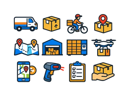 Urban delivery logistics: delivery van vehicle, package shipping box, courier bicycle ride, location pin package, route navigation map, warehouse storage building, parcel locker