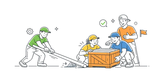 Manual labor teamwork concept illustrating individuals coordinating physical tasks and supporting each other to complete a shared objective efficiently, using a tool and