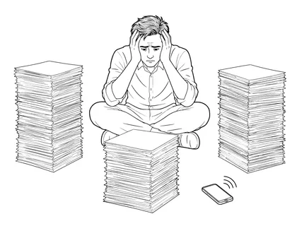 A man sits cross-legged amidst towering piles of documents, his head in his hands, while a mobile phone emits a notification sound