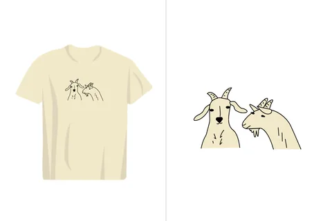 A simple and charming illustration featuring two goats with minimalist line art style, presented on a cream-colored t-shirt mockup
